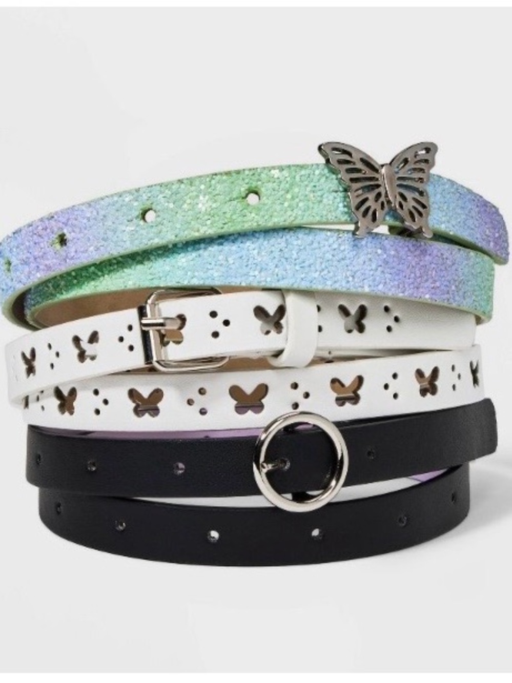 Set of 3 Butterfly Accent Belts - Mint Iridescent, White, Black